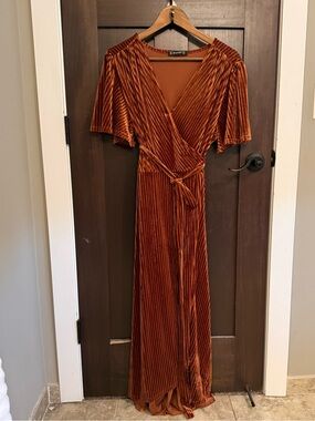 Rust Copper Velvet Pleated Dress, floor length, wrap around